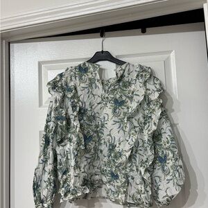 Zara Paisley Ruffle Blouse - White and Green